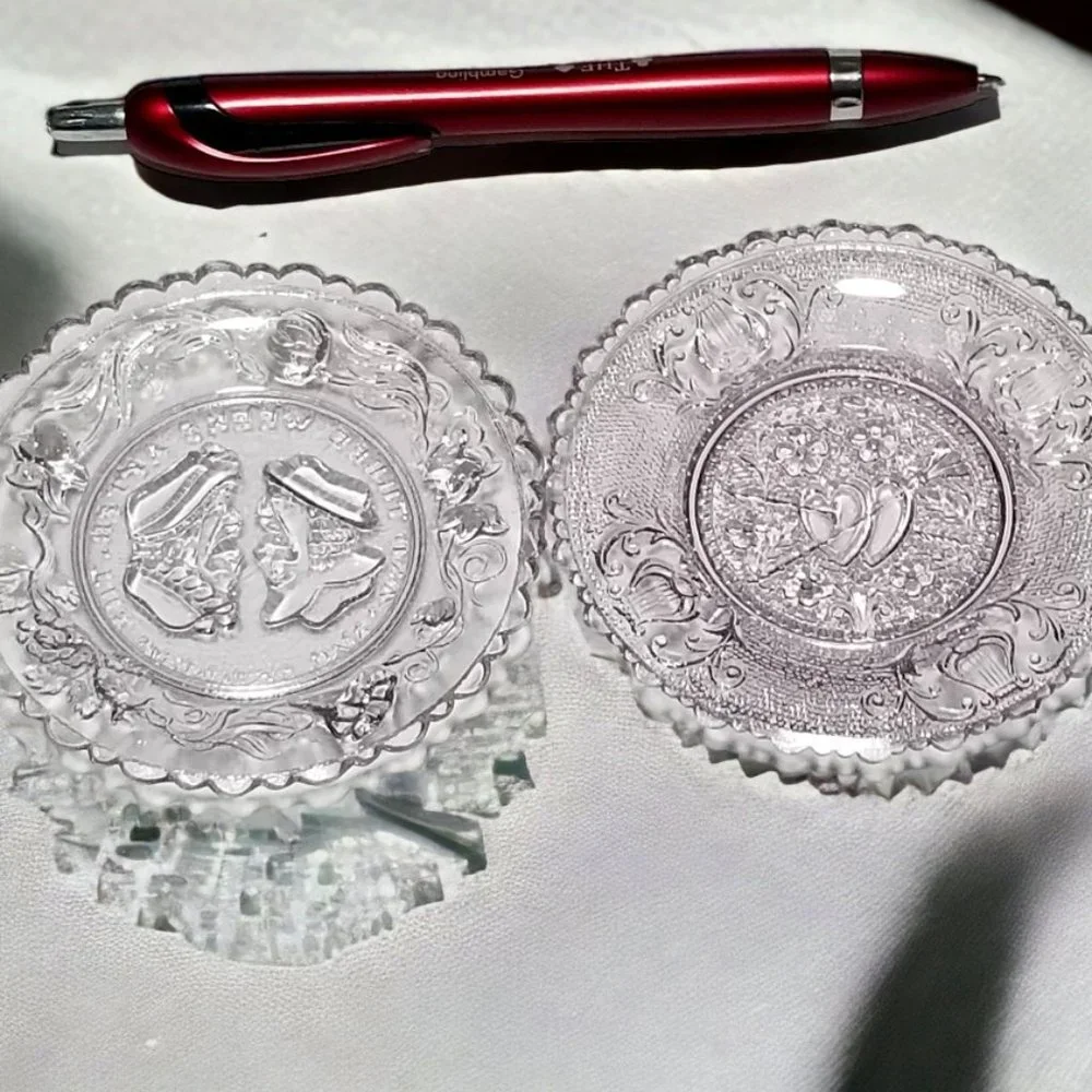 EAPG Mini Clear Glass Plates Westmoreland The Wedding Day & Hearts & Lyre 1930